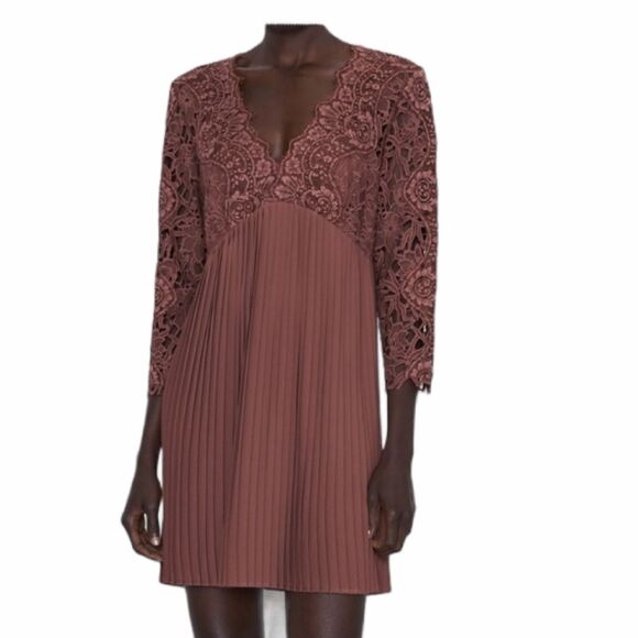ZARA Pleated Contrast Lace Dress Size SMALL - Picture 2 of 15